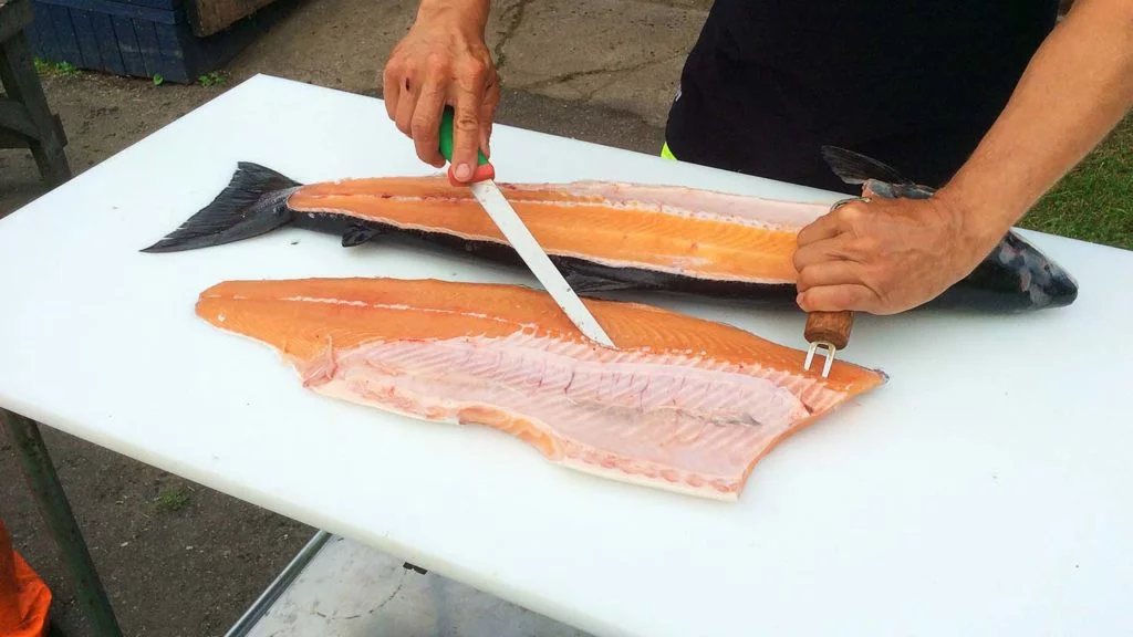 Ein Fisch wird auf einem Kunststoff-Schneidebrett ausgenommen
